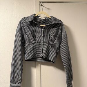 Striped Cropped Button-Up Shirt - Navy & White